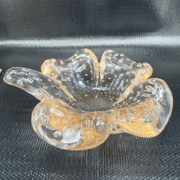 Murano Art Glass Controlled Bubbles Light Pink Leaf Clover Heavy Dish Bowl VTG - Picture 12 of 13